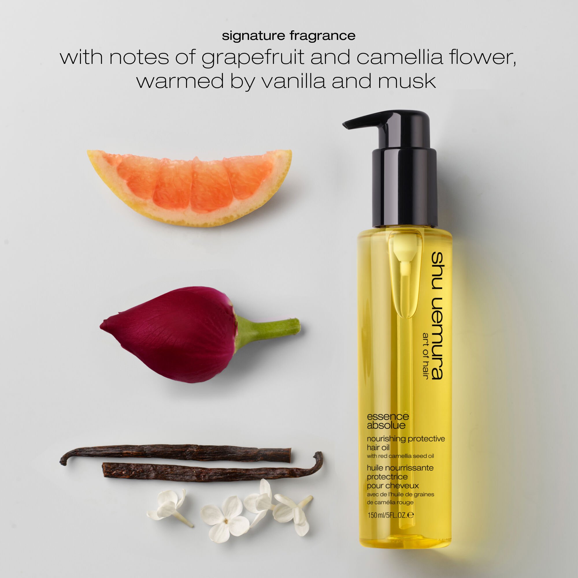 Signature fragrance: notes of grapefruit and camelia flower, warmed by vanilla and musk