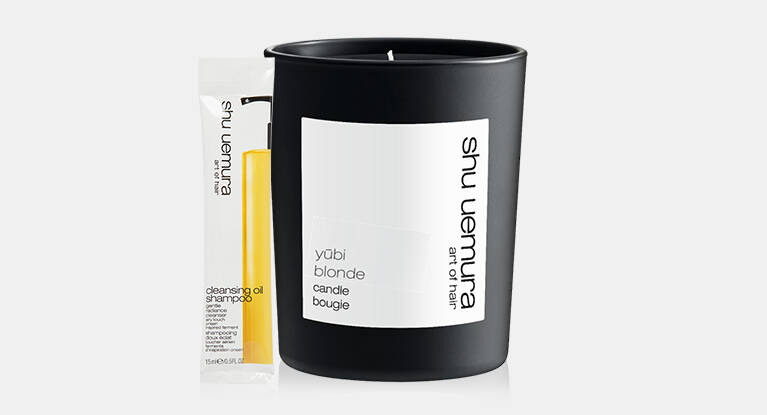 shu uemura candle + product sample